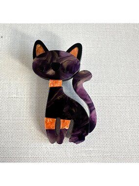 Acrylic Cat Brooch Purple & Orange Glitter 2.75" x 1.5" Cute Accessory For Bags